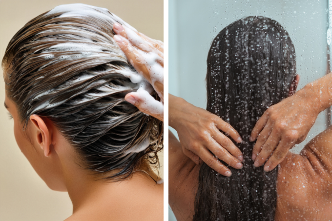 Pessoa lavando e enxaguando cabelos humanos com shampoo e água corrente