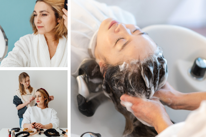 Cliente em salão recebendo lavagem, maquiagem e estilização capilar