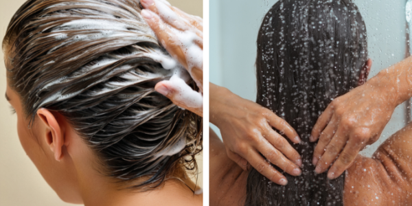 Pessoa lavando e enxaguando cabelos humanos com shampoo e água corrente